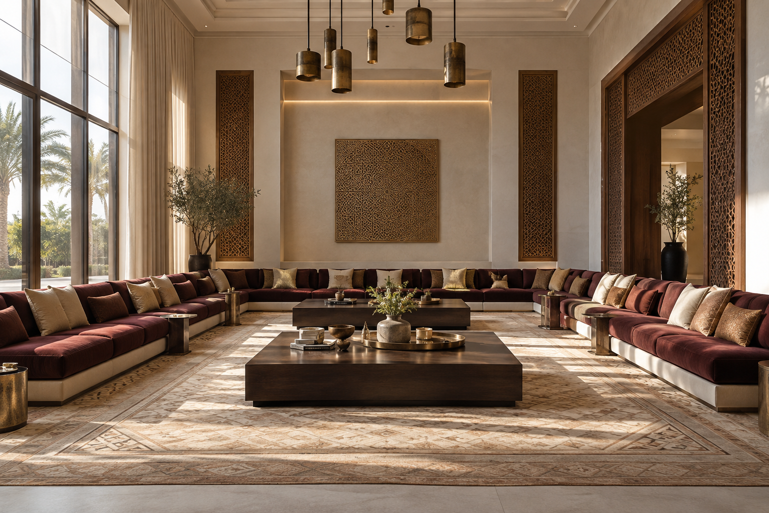 Concept of a spacious contemporary Majlis with wraparound seating, burgundy and cream upholstery, and central walnut coffee tables