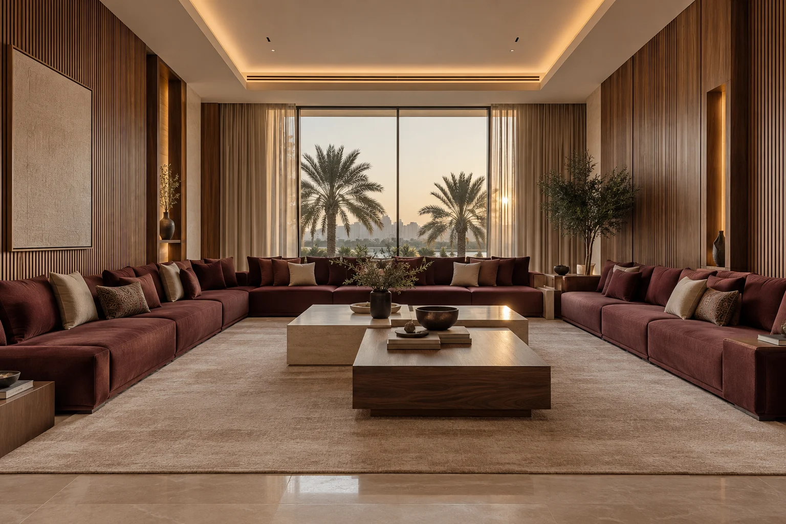 Burgundy & Walnut — Majlis concept interior