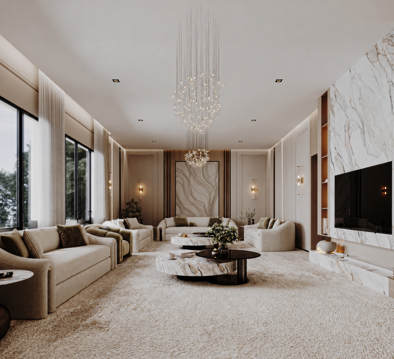 Majlis and Dewaniya reception room with cream sofas, marble coffee tables and glass chandeliers